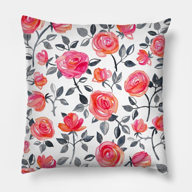 Roses on White - a watercolor floral pattern Pillow by micklyn