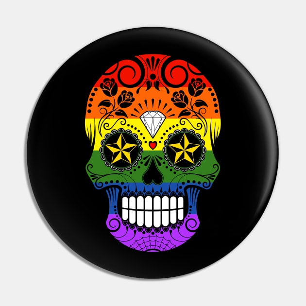 Gay Pride Rainbow Flag Sugar Skull with Roses Pin by jeffbartels