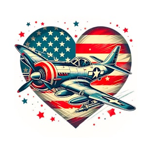 Retro july 4th Fighter Jet Airplane, American Flag Heart, Freedom T-Shirt