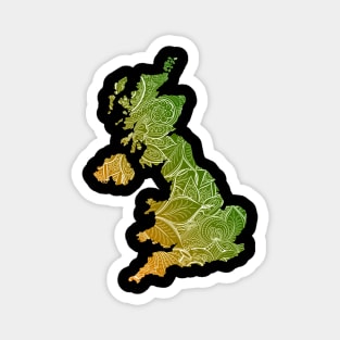 Colorful mandala art map of United Kingdom with text in green and orange Magnet