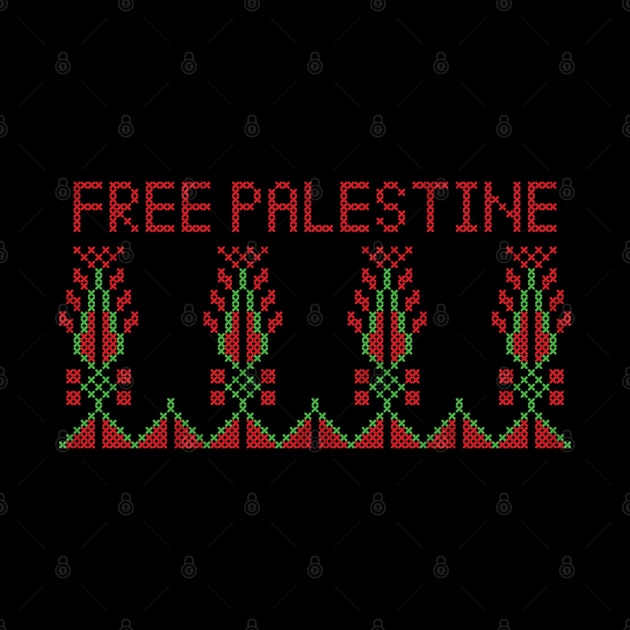 Realistic Palestinian Tatreez Embroidery Pattern Design Free Palestine Quote red-grn by QualiTshirt