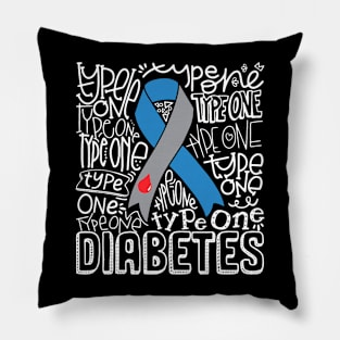 Grey And Blue Ribbon Typography Type 1 Diabetes Awareness Pillow