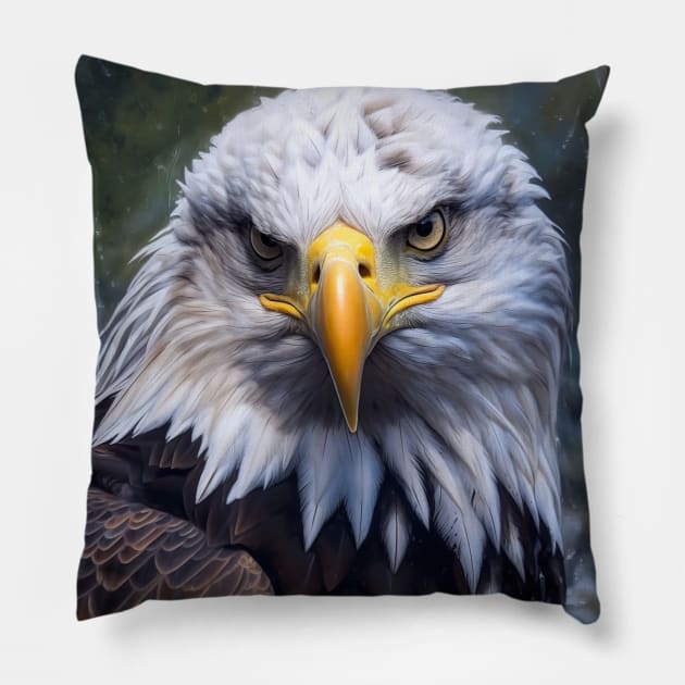 Majestic Gaze: A Hyperrealistic Oil Painting of a Bald Eagle Pillow by ABART BY ALEXST 