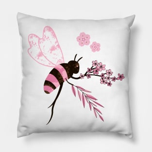 Abstract Pink Spring Bee - flowers and leaves Pillow