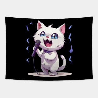 Kawaii white Cat singing Tapestry