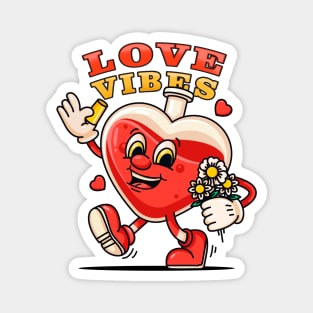 Love vibe, cute cartoon character a bottle of love potion walking carrying flowers Magnet