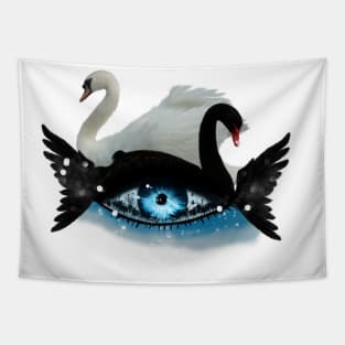 Fantasy eye with swan in black and white Tapestry