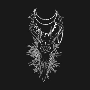 White outline Raven Skull and Antlers with Jewelry T-Shirt