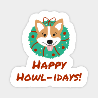 Happy Howlidays Dog Corgi Christmas Wreath Magnet