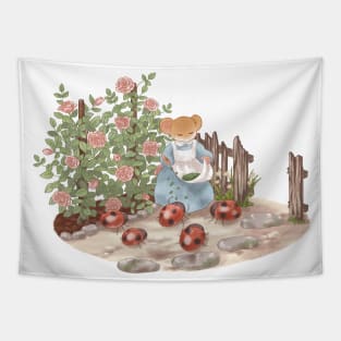 Vintage Floral Rose Design - Mouse Feeding Ladybugs Tapestry