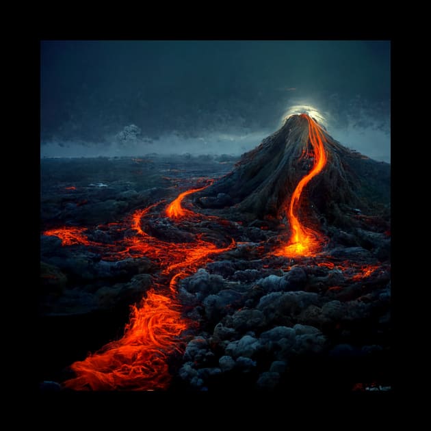 Volcano after eruption with lava flowing down across the landscape. by Liana Campbell