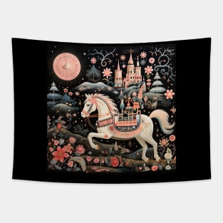 Surrealistic Folk Art Dark Floral Motif Horse Design Tapestry