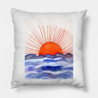 Golden Sun rising above the Ocean Watercolor Illustration Pillow