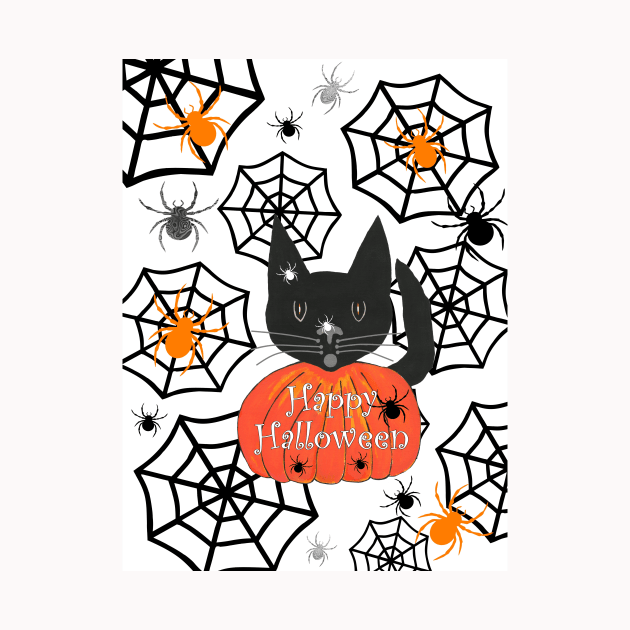 BLACK Cat Halloween With Spiders by SartorisArt1