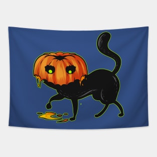 Black Cat With A Pumpkin Costume Hat For Halloween Tapestry