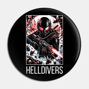 dynamic composition of Helldivers fighting against a swarm of insect-like aliens - fantasy Pin