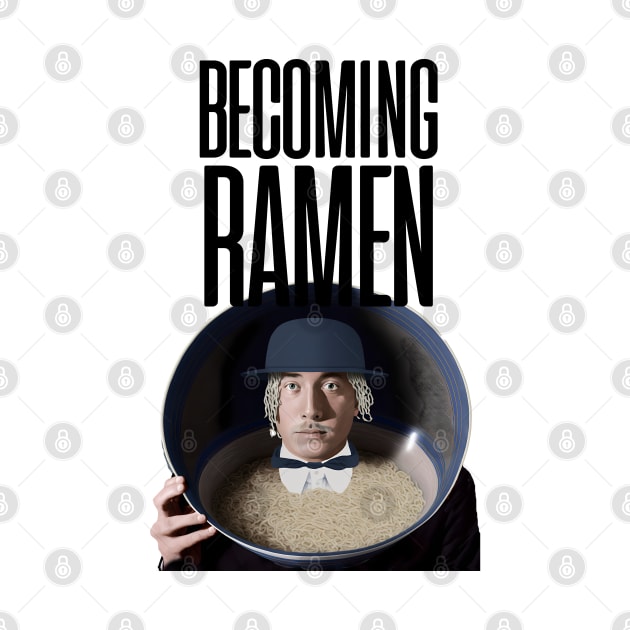 Becoming Ramen No. 3 -- an Asian man wearing a stylish Bowler hat with ramen hair inside a bowl of ramen with the words "Becoming Ramen" above by Puff Sumo