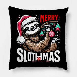 Merry Slothmas: Festive Sloth in Santa Hat T-Shirt Pillow