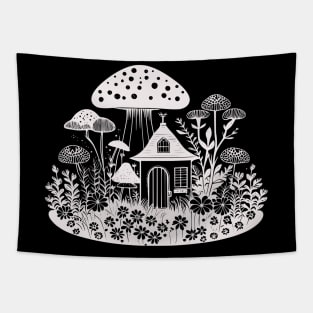 Cottagecore Tiny Cottage With Mushrooms And Flowers Tapestry