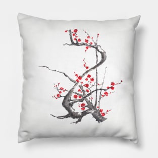 Chinese plum tree blossom sumi-e painting Pillow