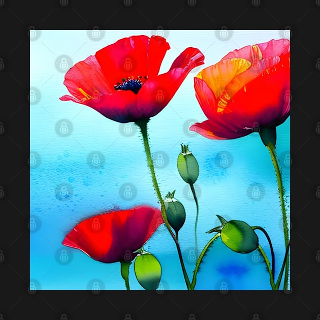 Spring Sky Red Poppy Flowers Digital Art (MD23Mrl001) by Maikell Designs