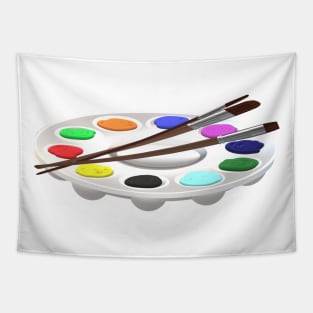 Round Artist Palette with Paints and Paint Brushes (White Background) Tapestry