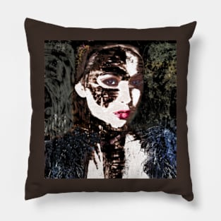 Beautiful girl, with mask. Like royal, but dark. Pale skin and pink lips. Bright. Pillow