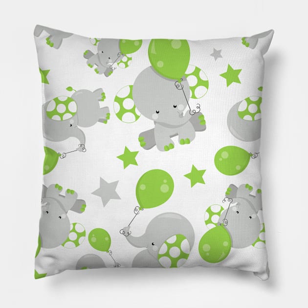 Pattern Of Elephants, Cute Elephants - Green Gray Pillow by Jelena Dunčević