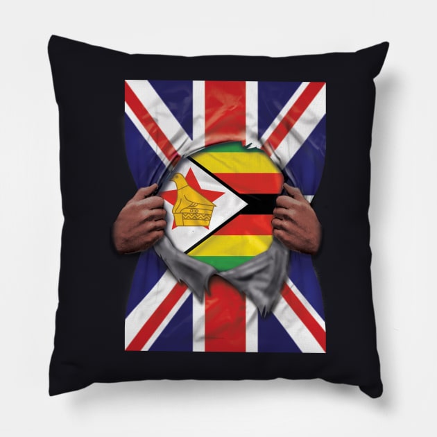 Zimbabwe Flag Great Britain Flag Ripped - Gift for Zimbabwean From Zimbabwe Pillow by Country Flags