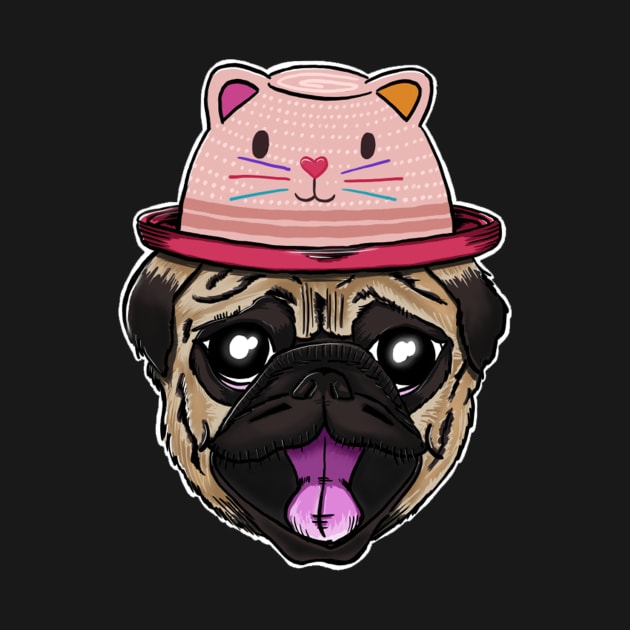 Pug dog with cat hat by madebystfn