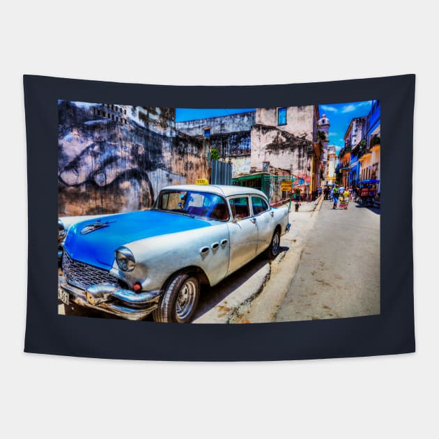 Blue And White Car In Havana, Cuba Tapestry by tommysphotos