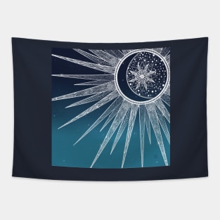 White Sun Moon Mandala Blue Gradient Design Tapestry