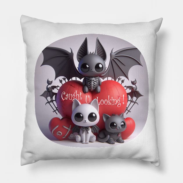 Cute Cat & Bat - Caught U Looking Pillow by PlayfulPandaDesigns