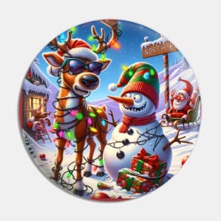 Santa, Rudolph and a Snowman at the North Pole Pin