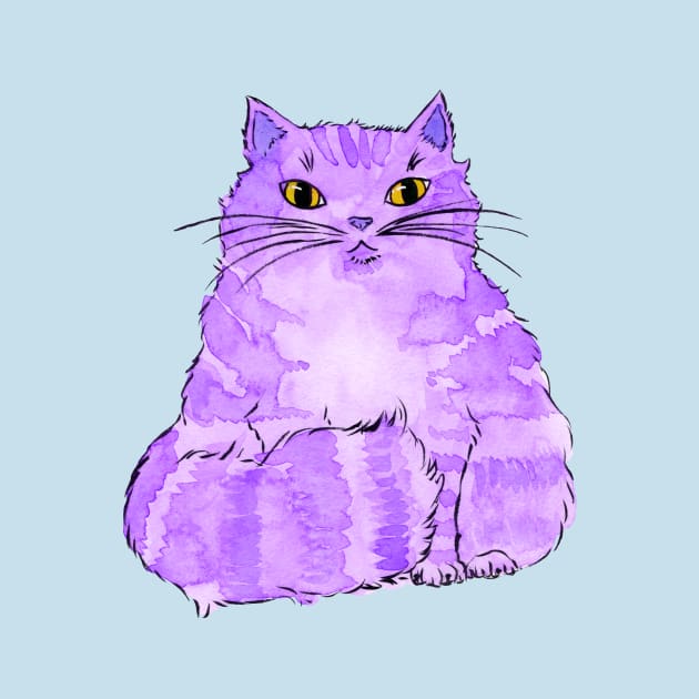 Fluffy Purple Watercolor and Ink Cat by dragonstarart