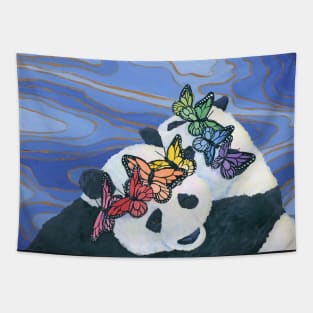 Pandas with Rainbow Butterfly Crowns Tapestry