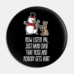 Bunny Rabbit robbing snowman carrot nose with gun Christmas Pin