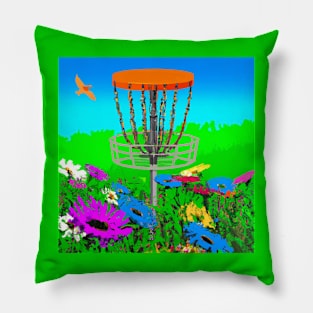 Disc Golf in a Patch of Colorful Flowers Pillow