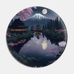 Serene Mount Fuji Sunset - Peaceful River Scenery - Lotus Flowers Pin