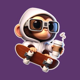 Skateboarding Java Junkie: Cool Monkey with Coffee, Hoodie & Shades T-Shirt