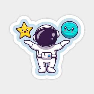 Cute Astronaut With Cute Star And Cute Planet Cartoon Magnet