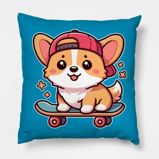 Kawaii Corgi Puppy on Skateboard Cute Dog Lover Pillow