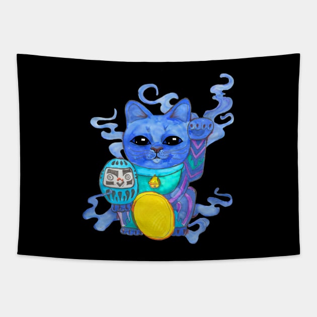 Genie Blues Lucky Cat Tapestry by JenStedman73