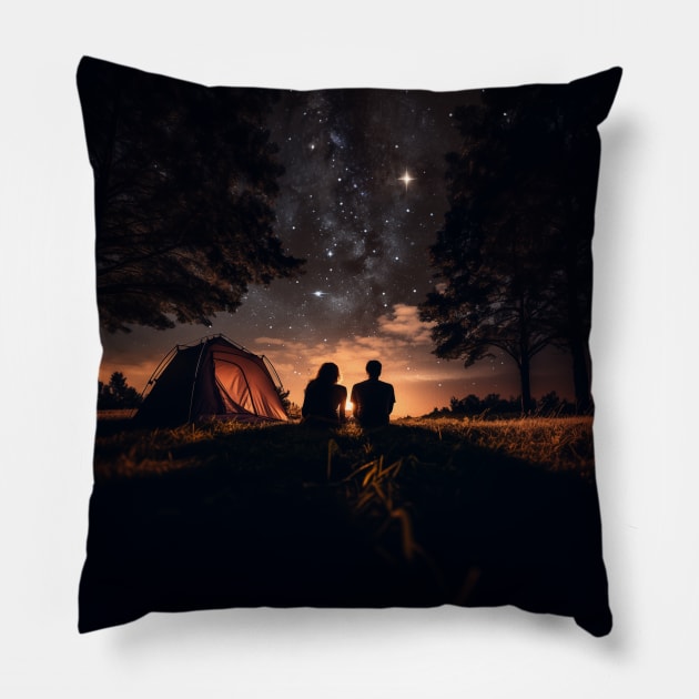 Romantic Couple Stargazing Camping in Nature Valentines Pillow by Elysian Alcove