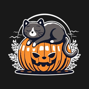 Cute black halloween cat napping above pumpkin T-Shirt