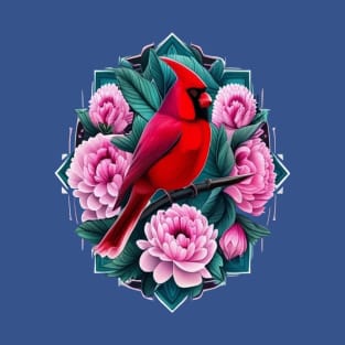 Cardinal Bird With Peony Flowers Indiana State Tattoo Art T-Shirt