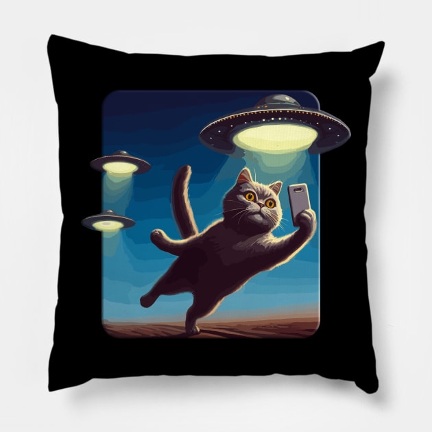 Cute Black Cat Making Selfie With UFOs Behind Pillow by KromADesign