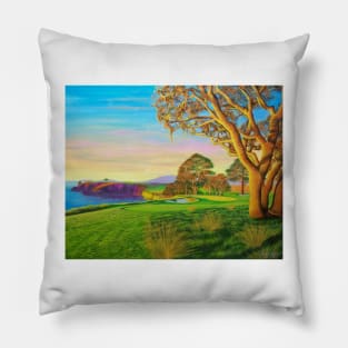 Colorful painting of the 6th hole at Pebble Beach Golf Course Pillow