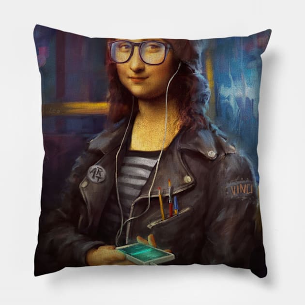 Mona Lisa in Bus Pillow by bohater13