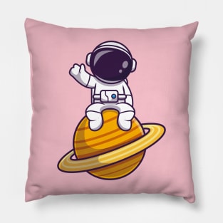 Astronaut Sitting On Planet And Waving Hand Cartoon Pillow